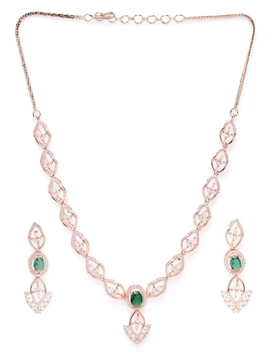 Stylish Crystal CZ Linked Necklace Set - Rose Gold - Green