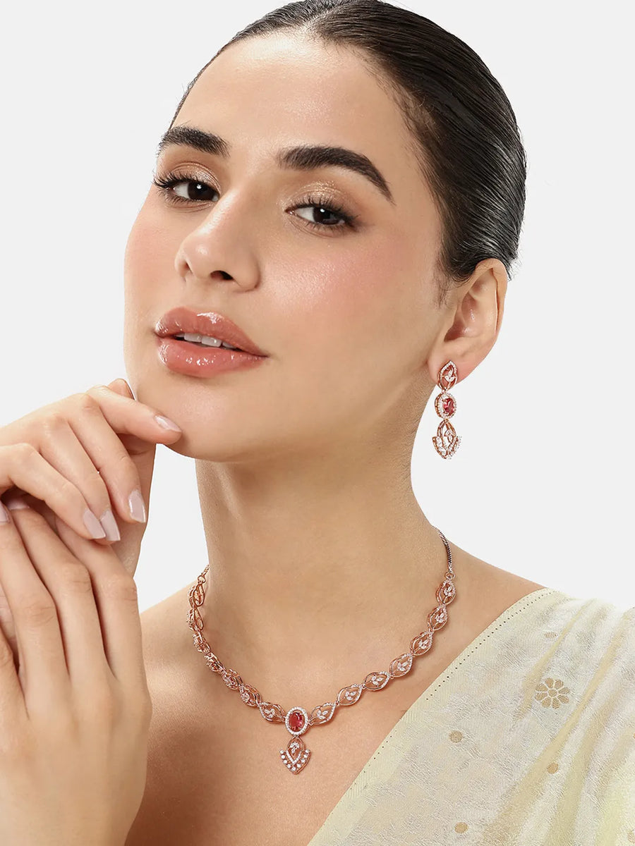 Stylish Crystal CZ Linked Necklace Set - Rose Gold - Red