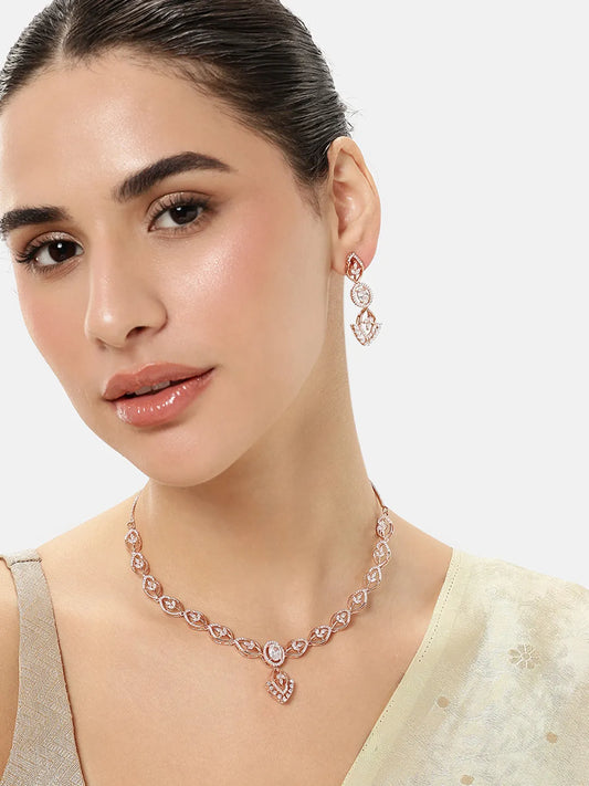 Stylish Crystal CZ Linked Necklace Set - Rose Gold - White