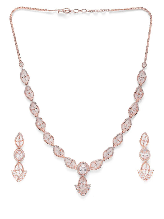 Stylish Crystal CZ Linked Necklace Set - Rose Gold - White