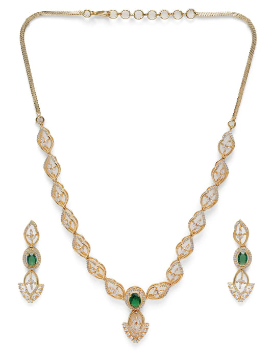 Stylish Crystal CZ Linked Necklace Set - Gold - Green