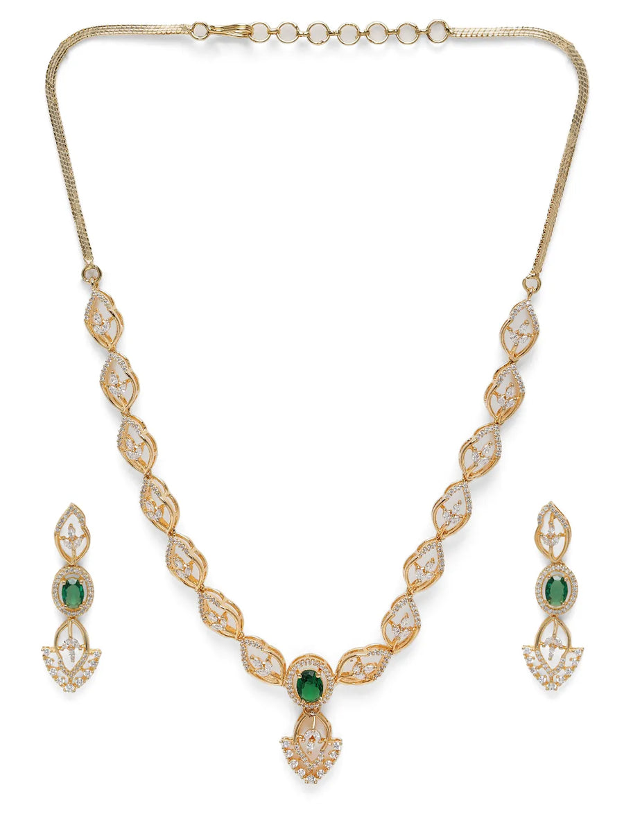 Stylish Crystal CZ Linked Necklace Set - Gold - Green