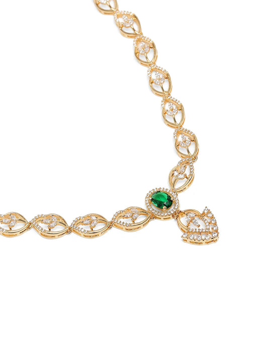 Stylish Crystal CZ Linked Necklace Set - Gold - Green