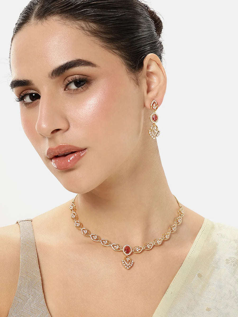 Stylish Crystal CZ Linked Necklace Set - Gold - Red