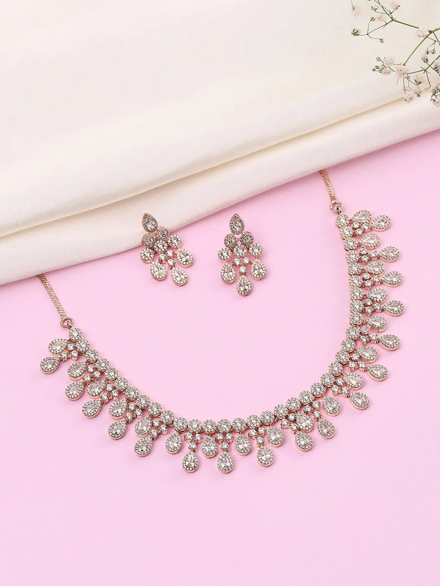 CZ Teardrop Halo Necklace Set - Rose Gold