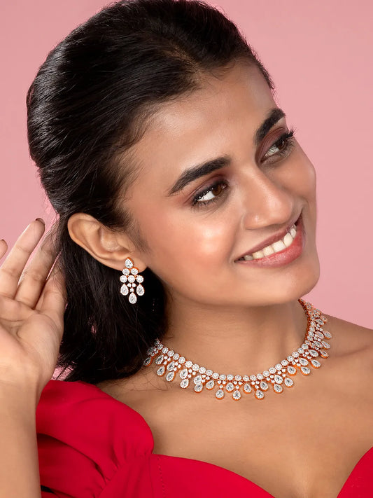 CZ Teardrop Halo Necklace Set - Rose Gold