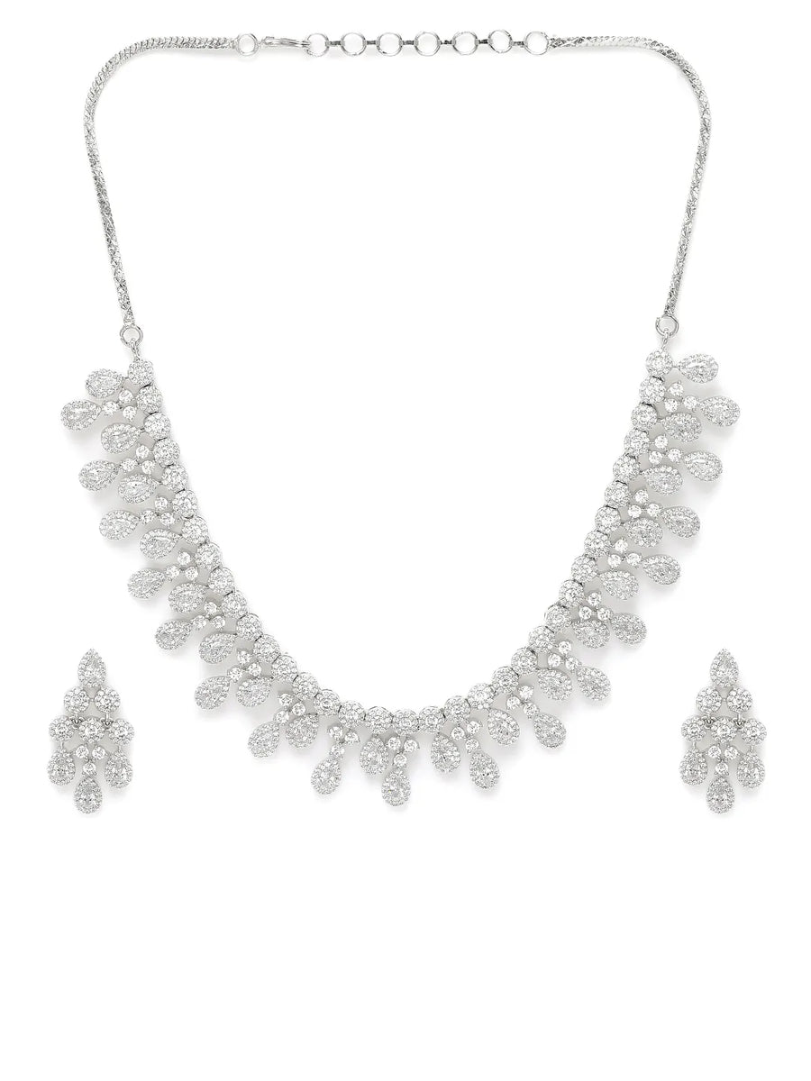CZ Teardrop Halo Necklace Set - Silver