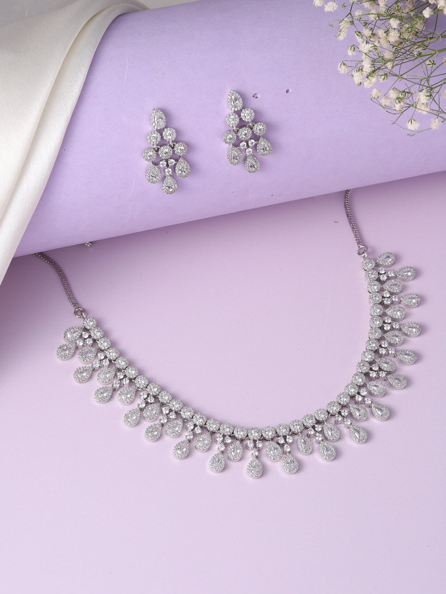 CZ Teardrop Halo Necklace Set - Silver