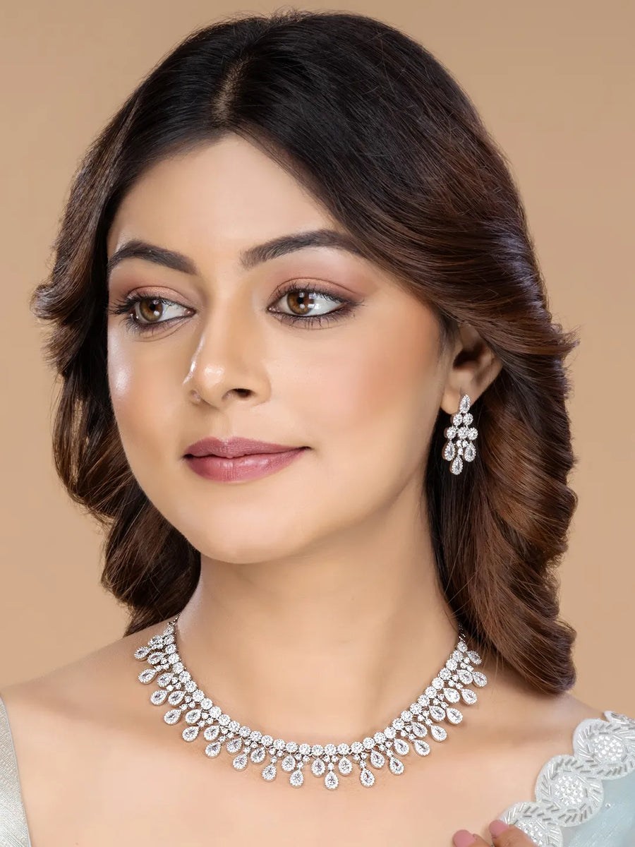 CZ Teardrop Halo Necklace Set - Silver