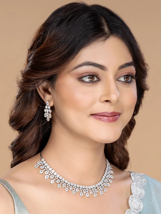 CZ Teardrop Halo Necklace Set - Silver