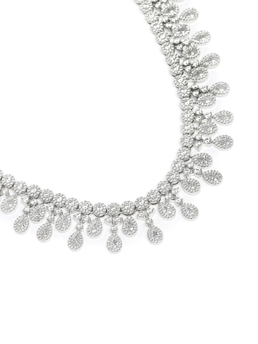 CZ Teardrop Halo Necklace Set - Silver