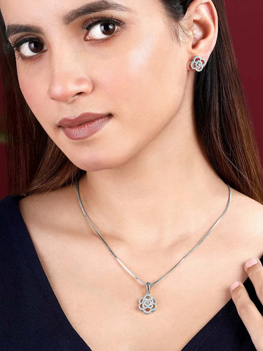 Floral CZ Silver Pendant & Earring Set