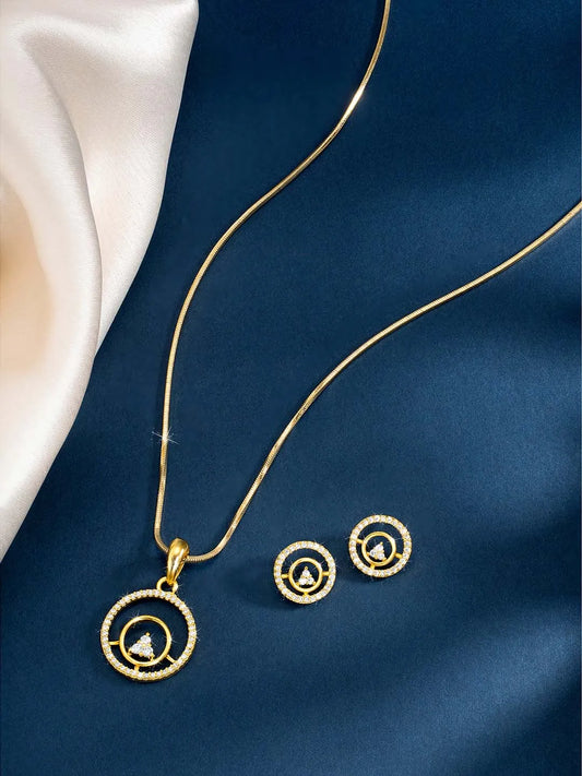 Elegant CZ Round Pendant Orbit Set - Gold