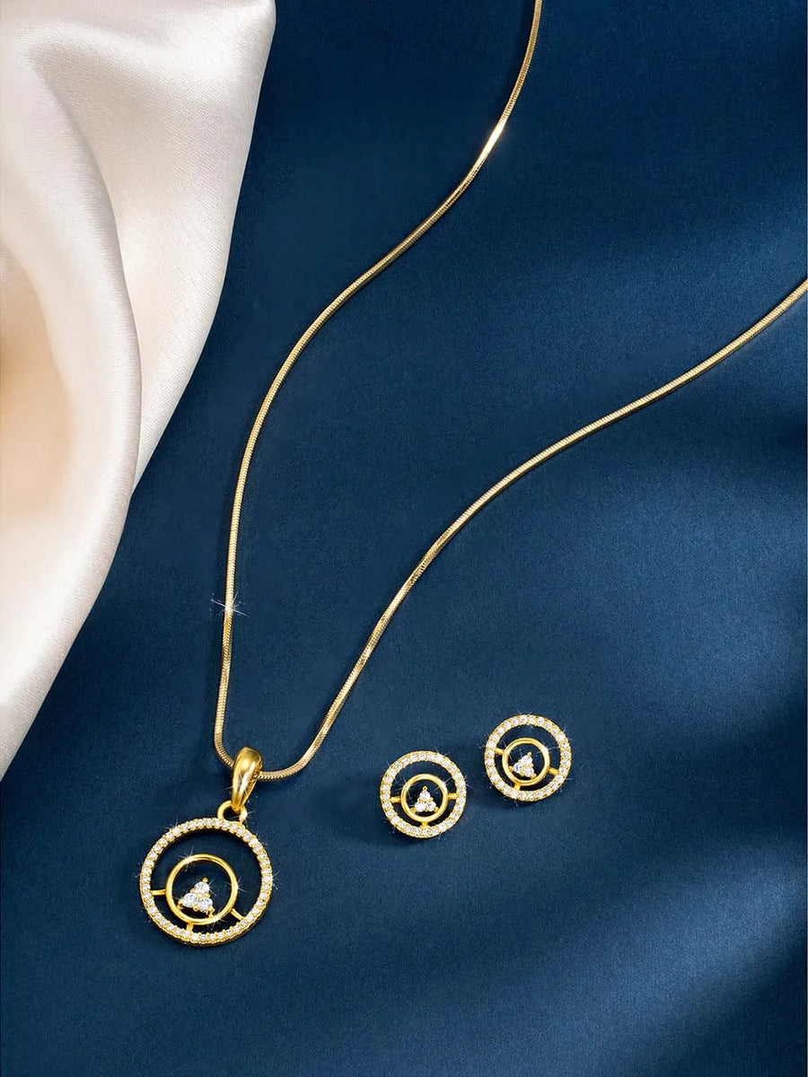 Elegant CZ Round Pendant Orbit Set - Gold