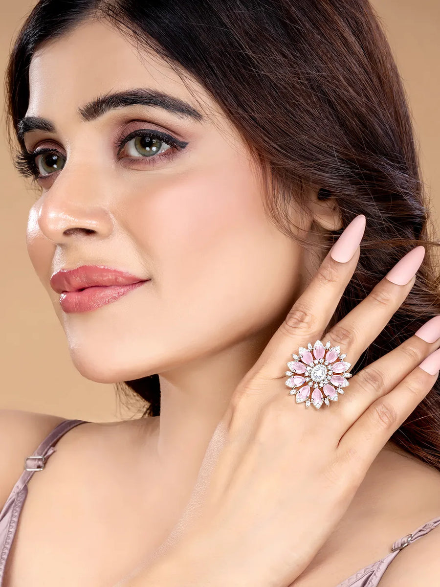 Rosy Orbit Ring with Crystal Charm