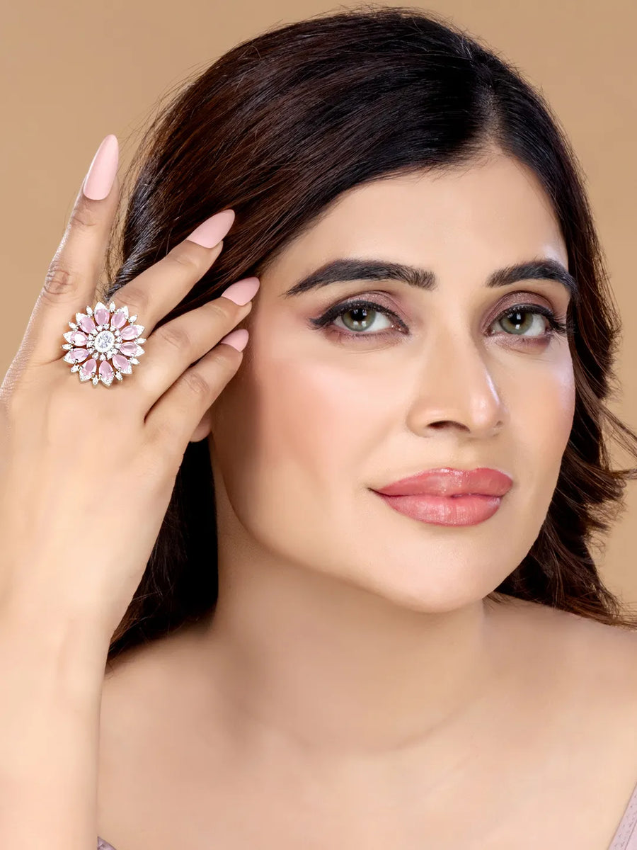 Rosy Orbit Ring with Crystal Charm