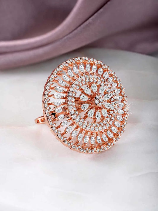 Elegant Chic CZ Glamour Statement Ring by Peora. Rose gold-Plated adjustable round floral ring with cubic zirconia crystals.