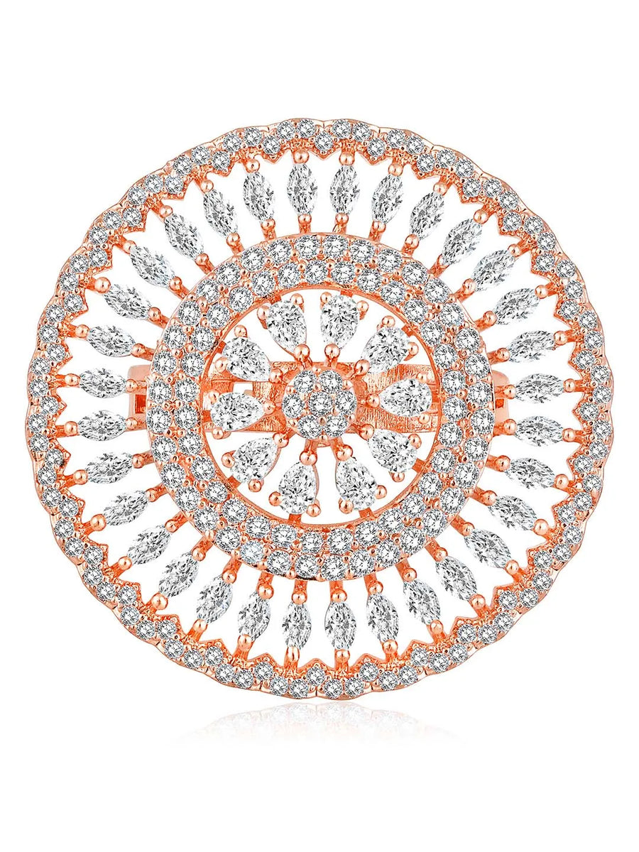 Elegant Chic CZ Glamour Statement Ring by Peora. Rose gold-Plated adjustable round floral ring with cubic zirconia crystals.