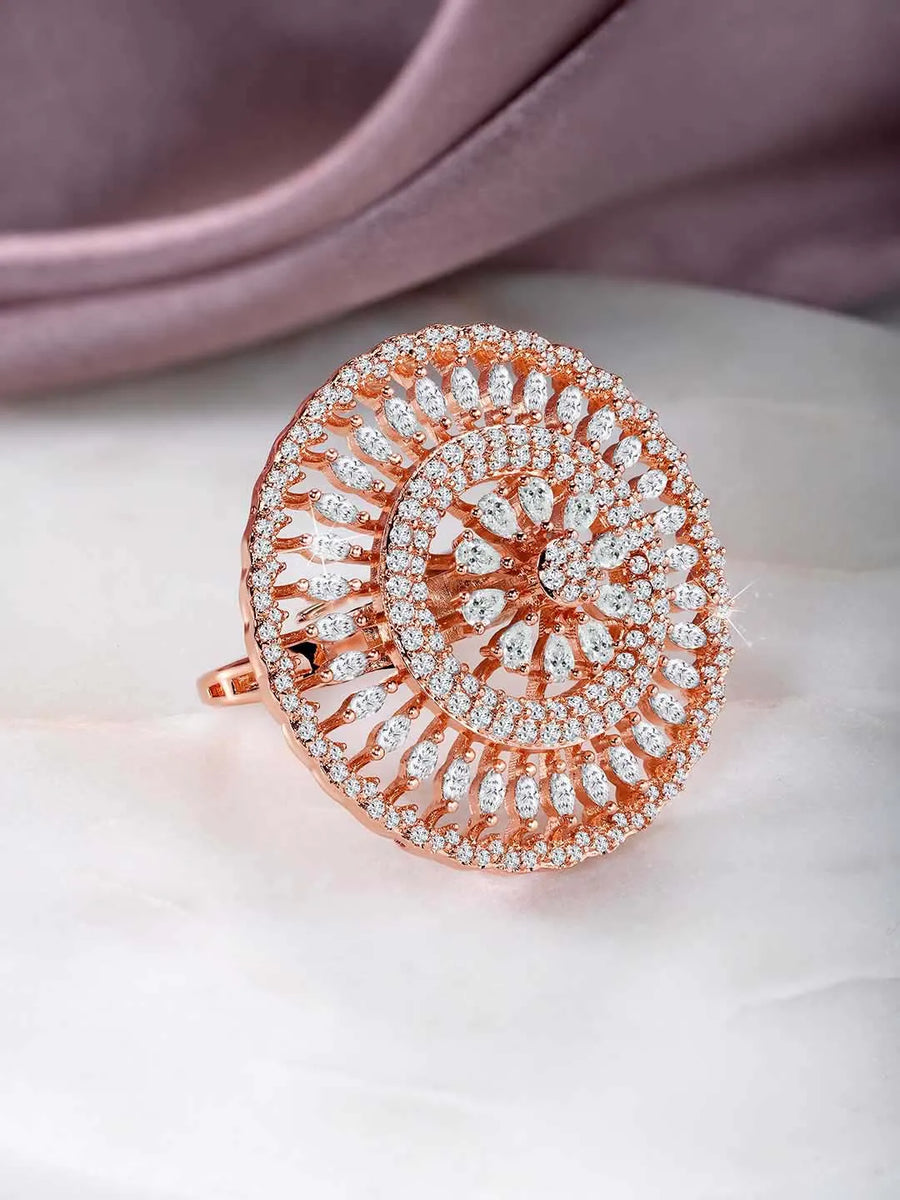 Elegant Chic CZ Glamour Statement Ring by Peora. Rose gold-Plated adjustable round floral ring with cubic zirconia crystals.