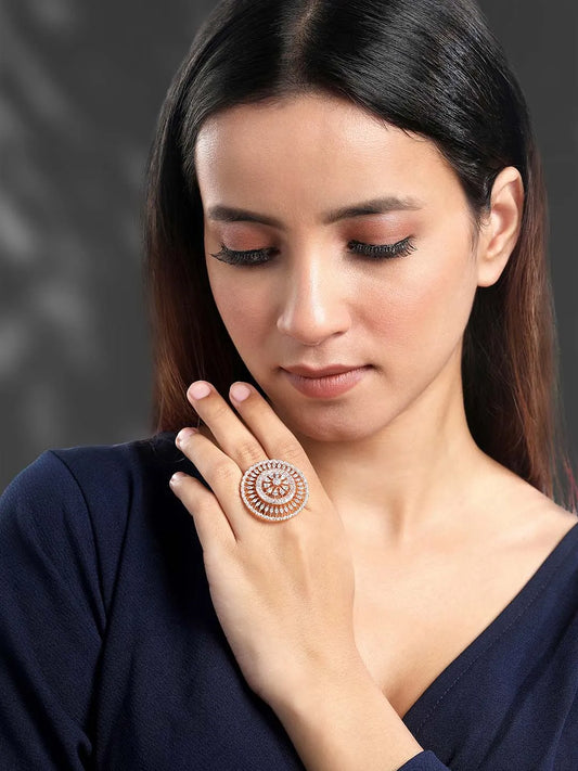 Elegant Chic CZ Glamour Statement Ring by Peora. Rose gold-Plated adjustable round floral ring with cubic zirconia crystals.