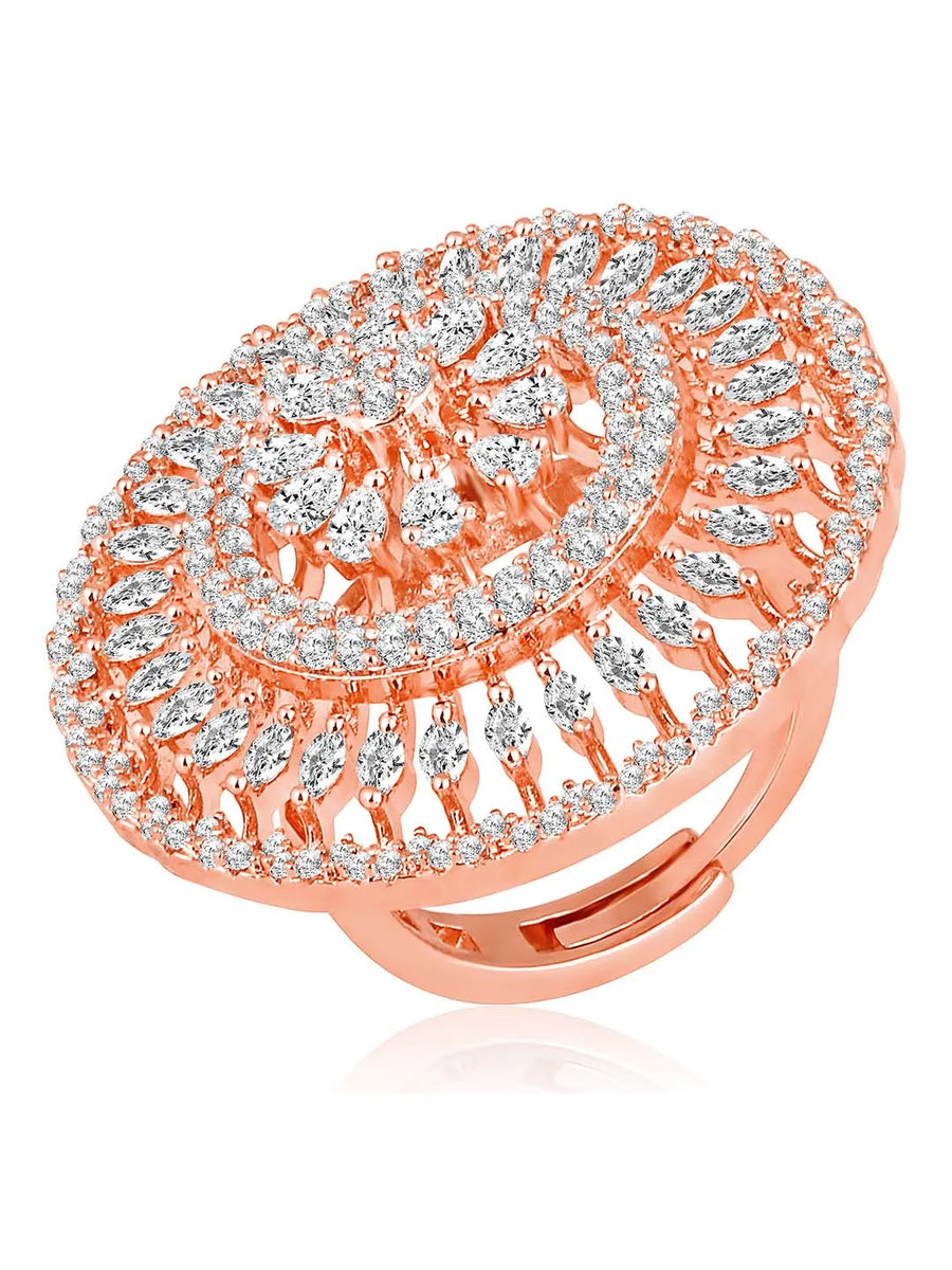 Elegant Chic CZ Glamour Statement Ring by Peora. Rose gold-Plated adjustable round floral ring with cubic zirconia crystals.