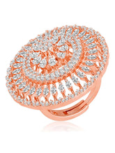 Elegant Chic CZ Glamour Statement Ring by Peora. Rose gold-Plated adjustable round floral ring with cubic zirconia crystals.