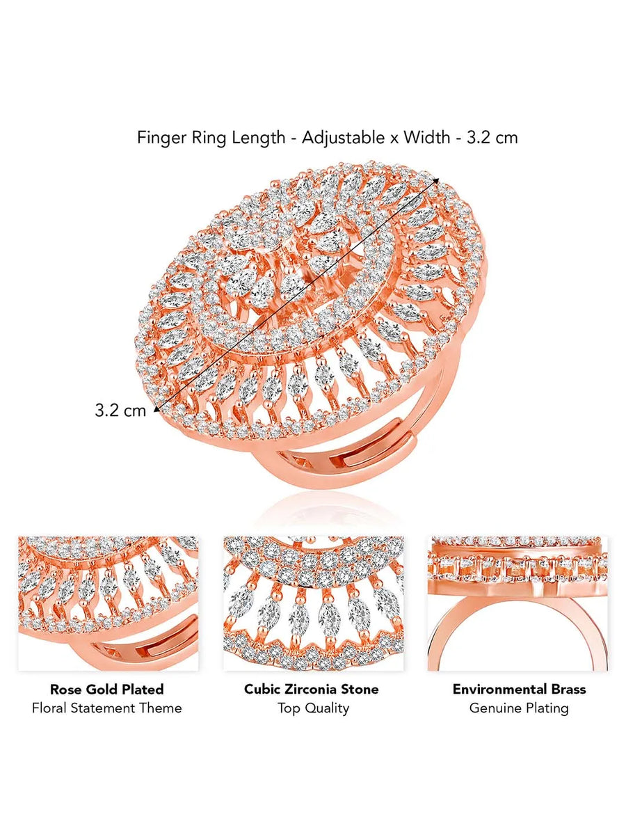 Elegant Chic CZ Glamour Statement Ring by Peora. Rose gold-Plated adjustable round floral ring with cubic zirconia crystals.