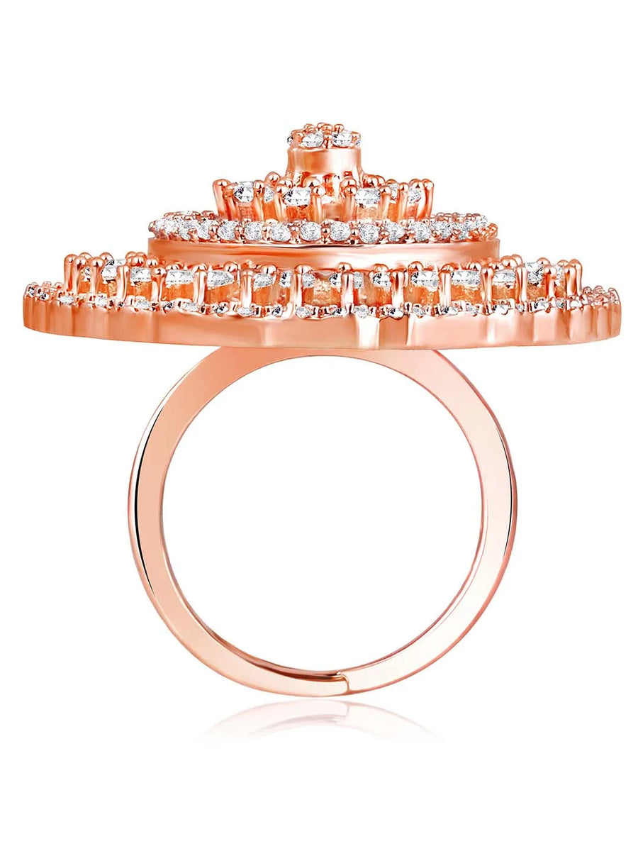 Elegant Chic CZ Glamour Statement Ring by Peora. Rose gold-Plated adjustable round floral ring with cubic zirconia crystals.