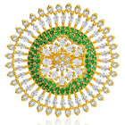 Bold and Glam CZ Statement Ring. Gold-plated adjustable ring with green and white cubic zirconia stones set in a floral pattern.