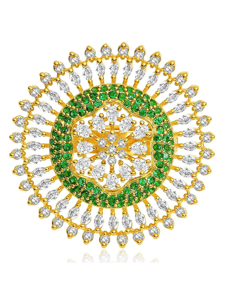 Bold and Glam CZ Statement Ring. Gold-plated adjustable ring with green and white cubic zirconia stones set in a floral pattern.