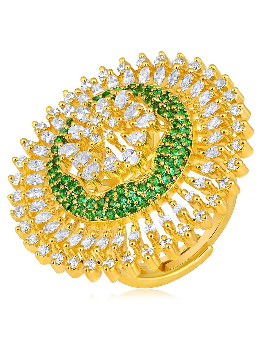 Bold and Glam CZ Statement Ring. Gold-plated adjustable ring with green and white cubic zirconia stones set in a floral pattern.