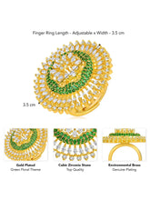 Bold and Glam CZ Statement Ring. Gold-plated adjustable ring with green and white cubic zirconia stones set in a floral pattern.