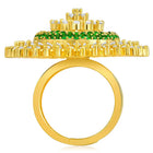 Bold and Glam CZ Statement Ring. Gold-plated adjustable ring with green and white cubic zirconia stones set in a floral pattern.