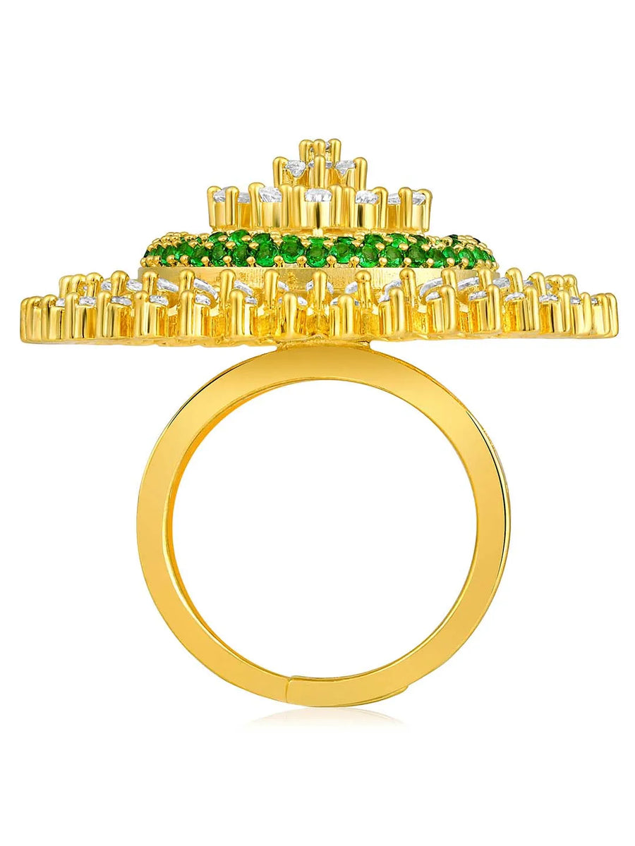 Bold and Glam CZ Statement Ring. Gold-plated adjustable ring with green and white cubic zirconia stones set in a floral pattern.