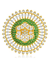 Bold and Glam CZ Statement Ring. Gold-plated adjustable ring with green and white cubic zirconia stones set in a floral pattern.