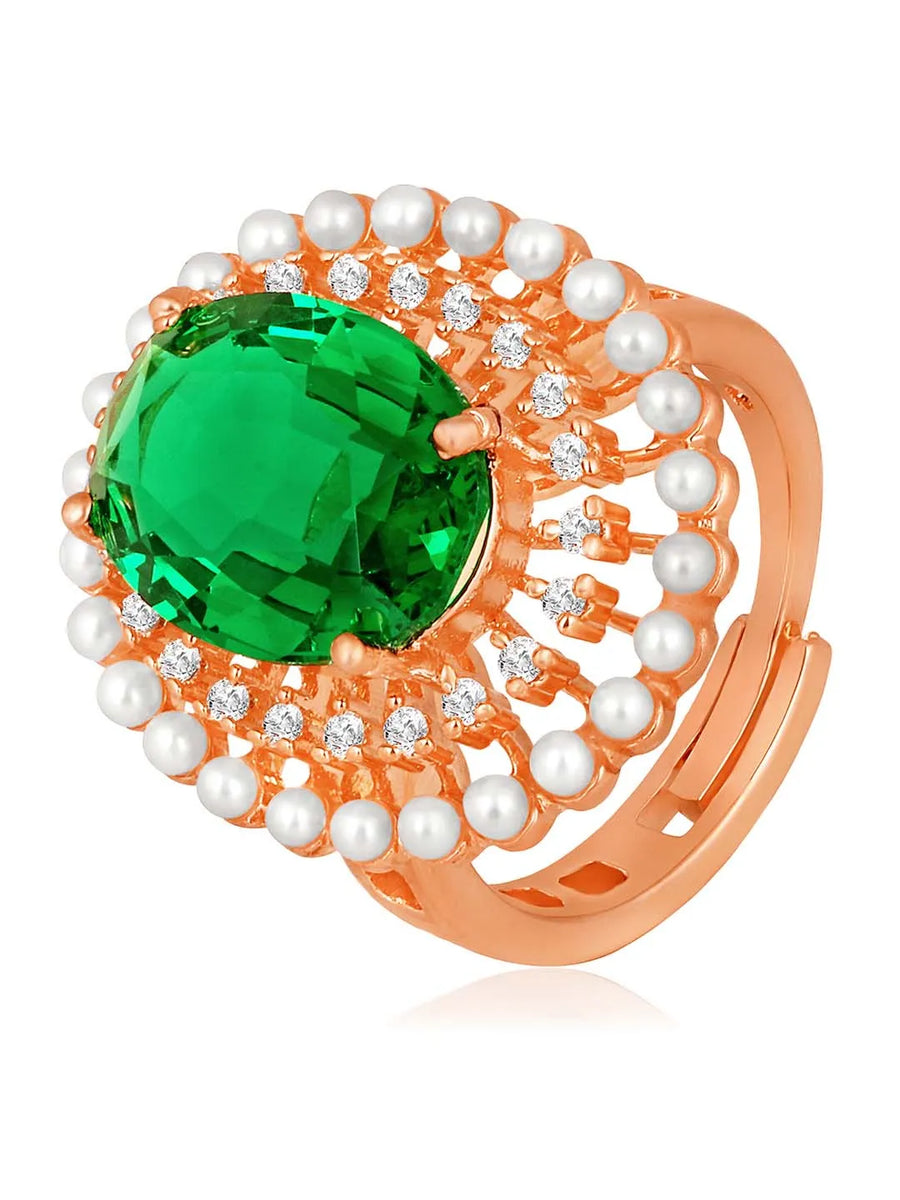 Opulent Green CZ Statement Ring by Peora. Adjustable ring with a rose gold-plating band and smaller white stones, pearls around the green centrepiece.
