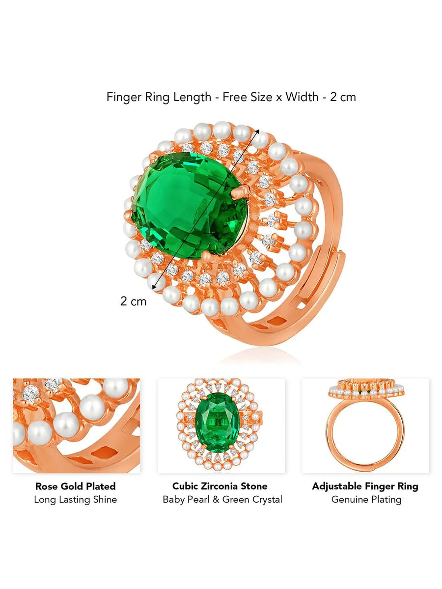Opulent Green CZ Statement Ring by Peora. Adjustable ring with a rose gold-plating band and smaller white stones, pearls around the green centrepiece.