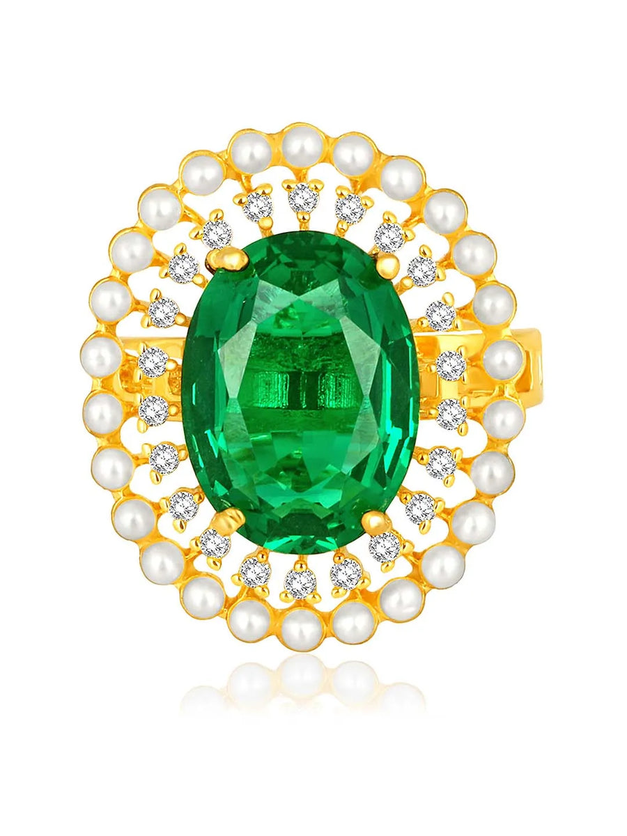 Opulent Green CZ Statement Ring by Peora. Adjustable ring with a gold-plating band and smaller white stones, pearls around the green centrepiece.