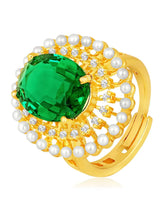 Opulent Green CZ Statement Ring by Peora. Adjustable ring with a gold-plating band and smaller white stones, pearls around the green centrepiece.