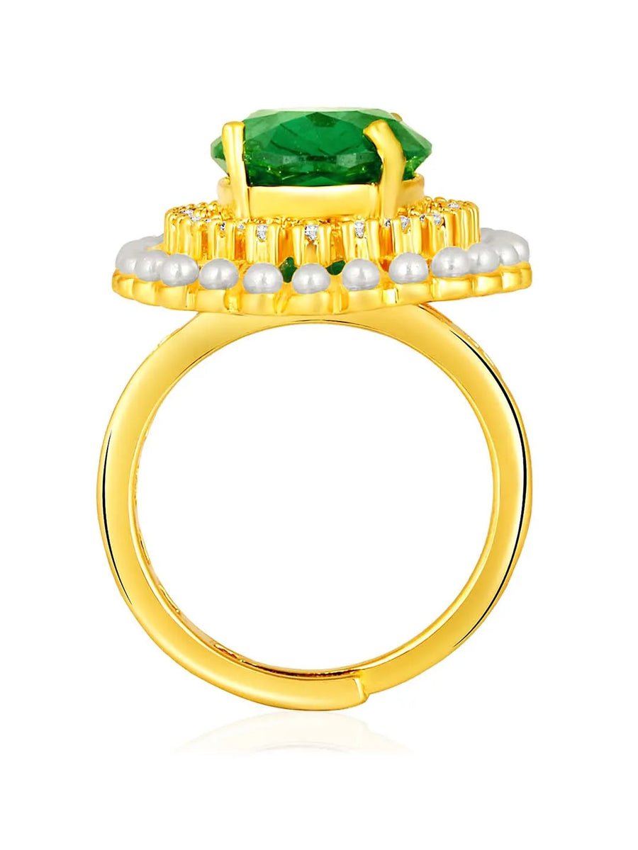 Opulent Green CZ Statement Ring by Peora. Adjustable ring with a gold-plating band and smaller white stones, pearls around the green centrepiece.