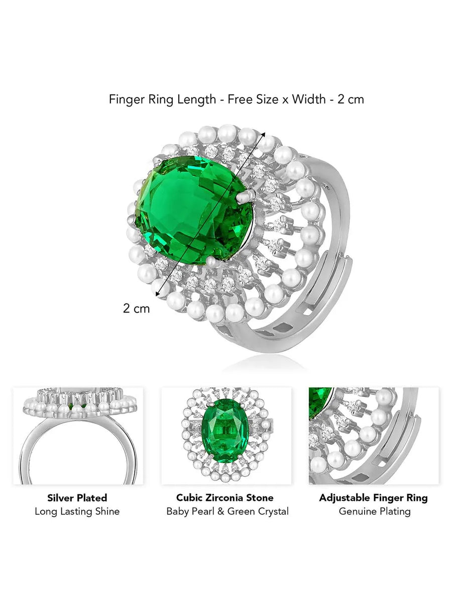 Opulent Green CZ Statement Ring by Peora. Adjustable ring with a silver-plating band and smaller white stones, pearls around the green centrepiece.