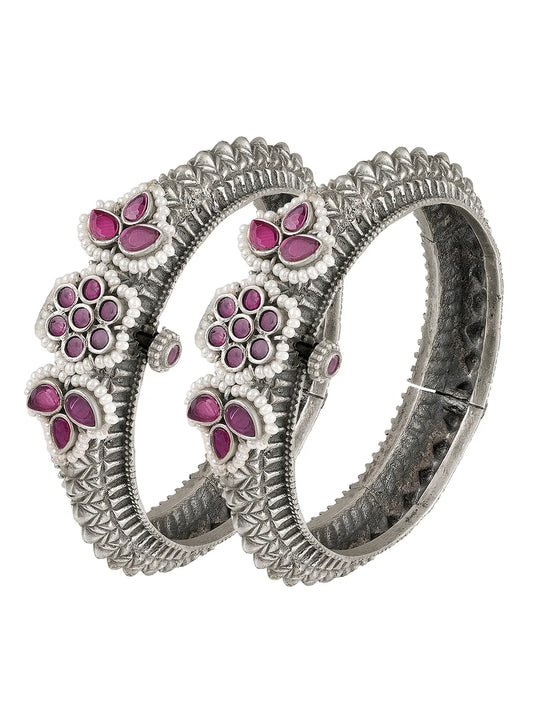 Antique Ruby Oxidized Petal Bangle Set
