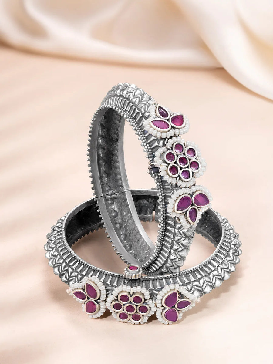 Antique Ruby Oxidized Petal Bangle Set