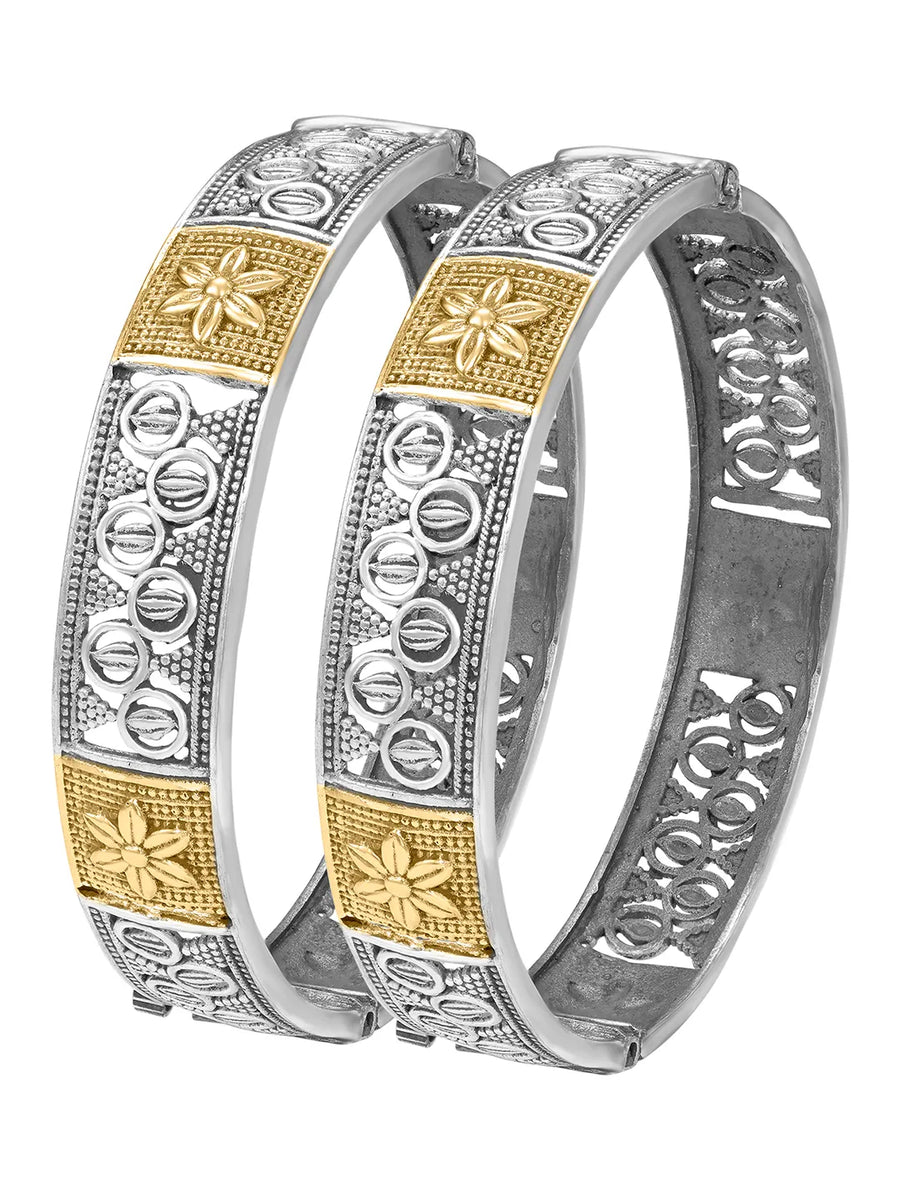 Peora Floral Elegance Oxidised Bangles - Silver