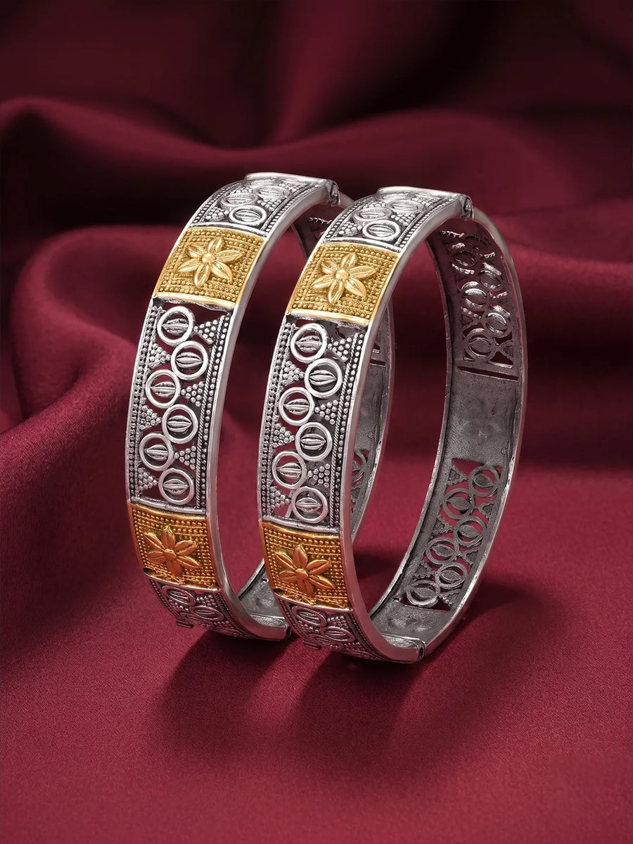Peora Floral Elegance Oxidised Bangles - Silver