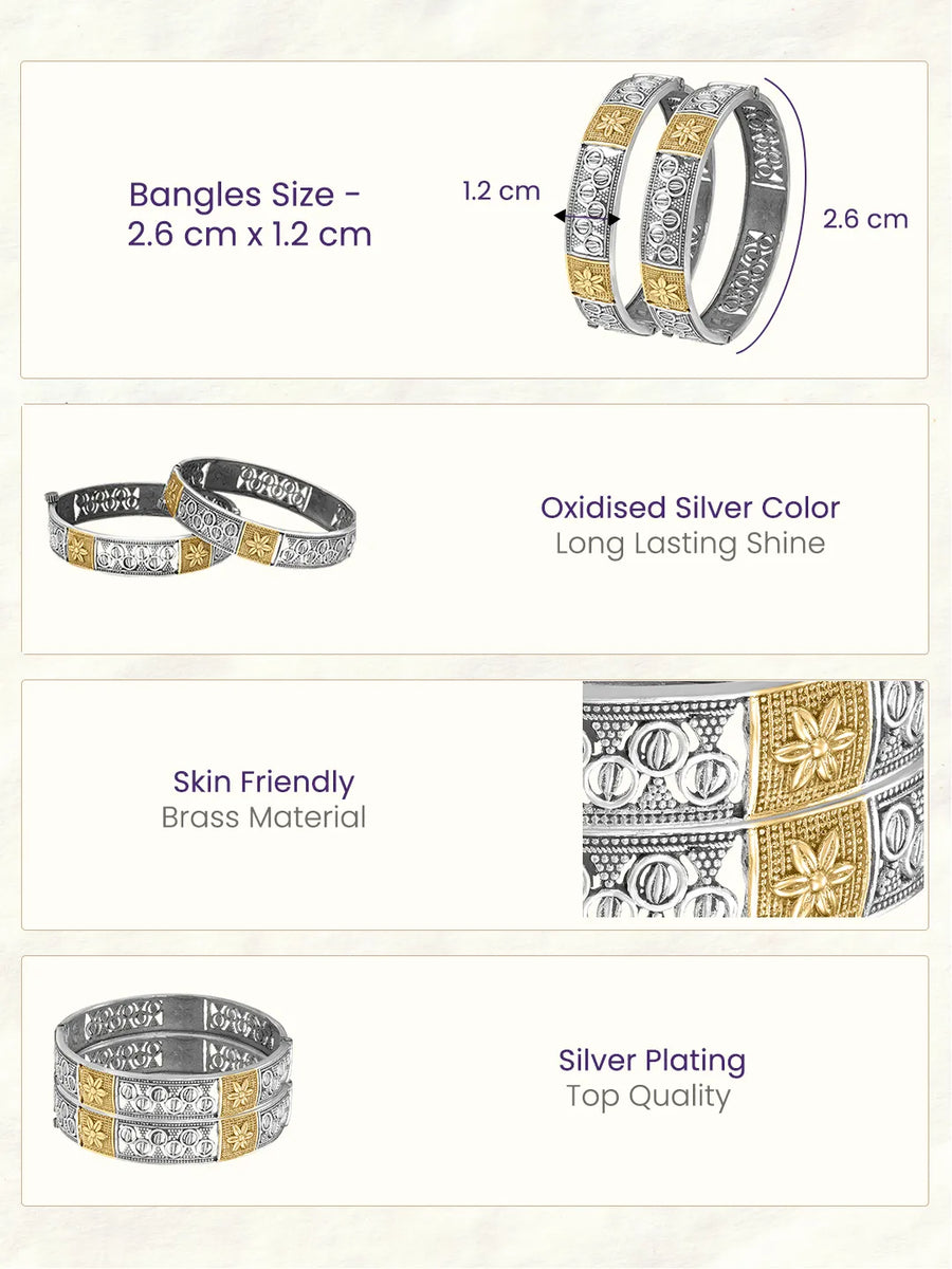 Peora Floral Elegance Oxidised Bangles - Silver