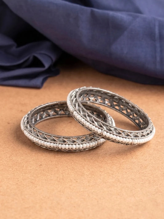 Peorea Oxidised Elegance Bangles - Silver