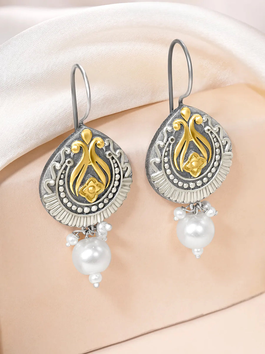 Pearl Antique Oxidized Drop Earrings