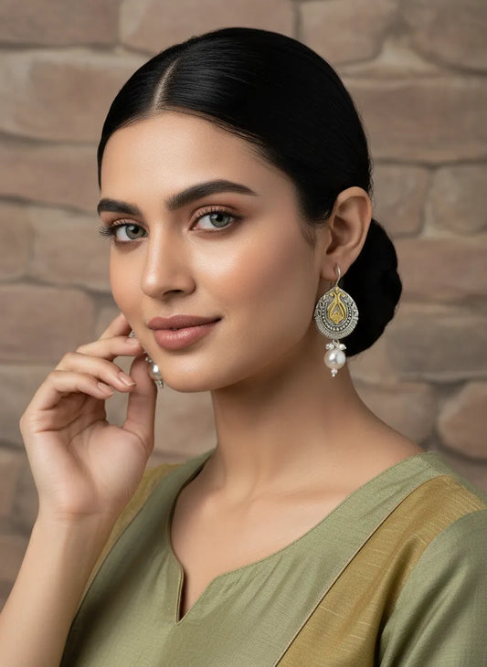 Pearl Antique Oxidized Drop Earrings