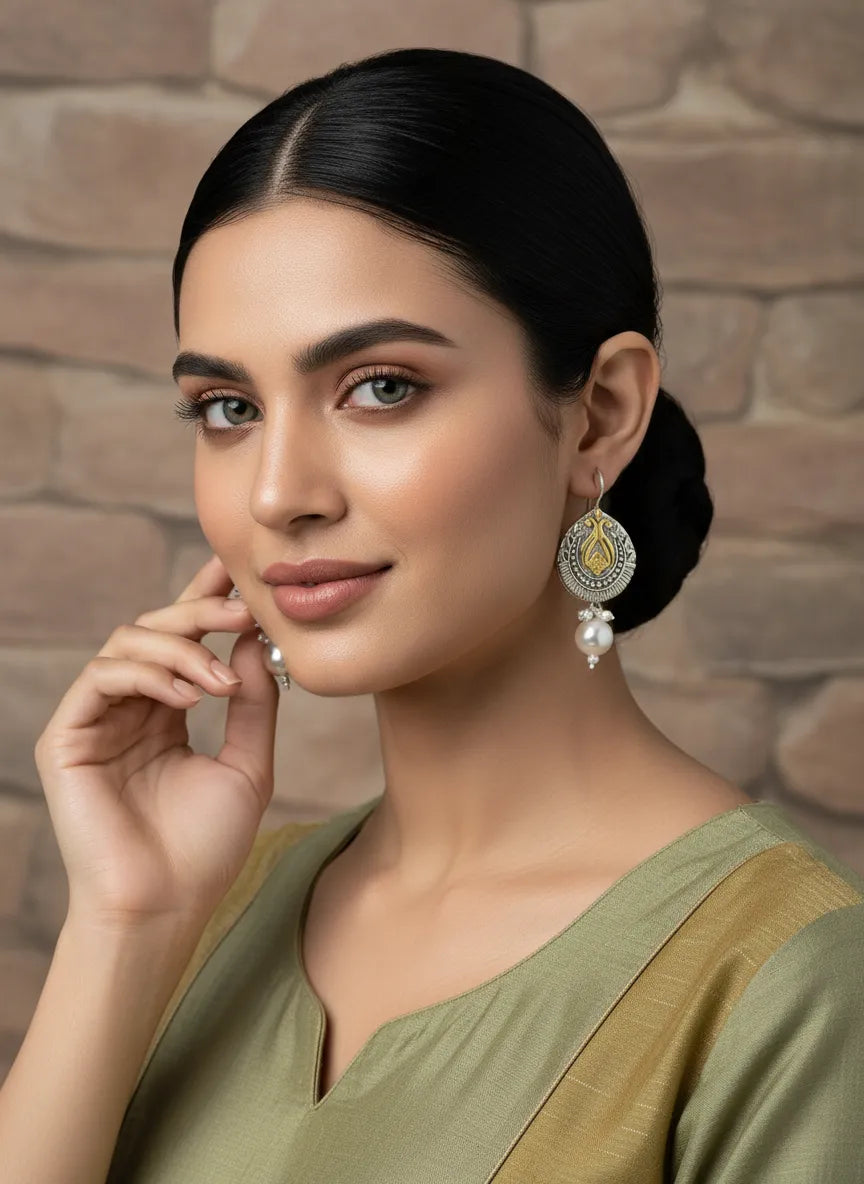 Pearl Antique Oxidized Drop Earrings